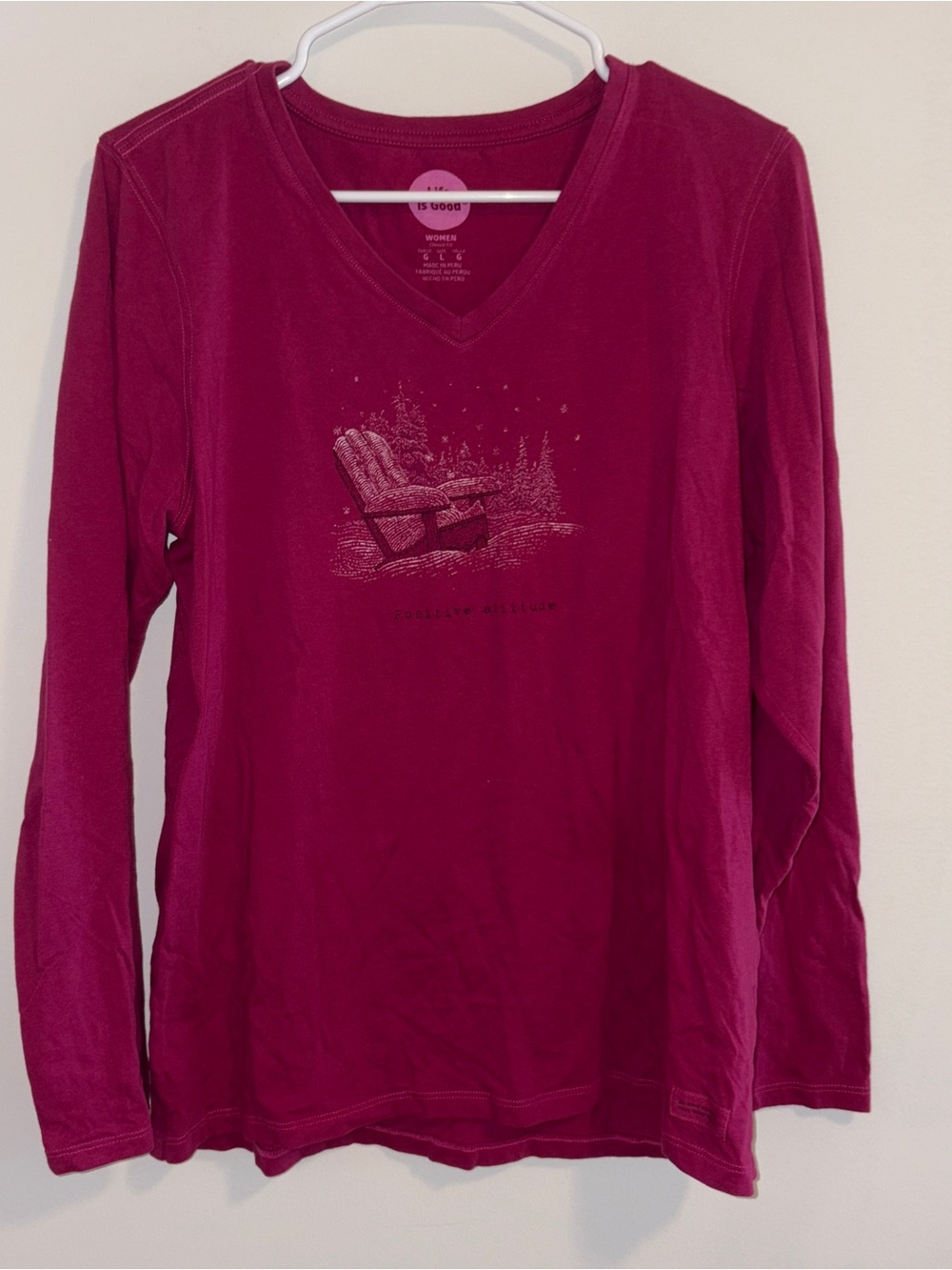 Women’s Life Is Good Long-Sleeve V-Neck Cotton Tee in Berry Pink Size: L